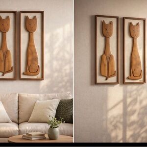 Vintage MCM Wood Cat Wall Art Set of 2 — Signed Douglas — 24x8 Framed